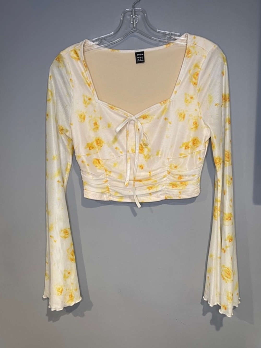 Women Teens Yellow Floral Print Cropped Vintage Style Shirt Size Medium